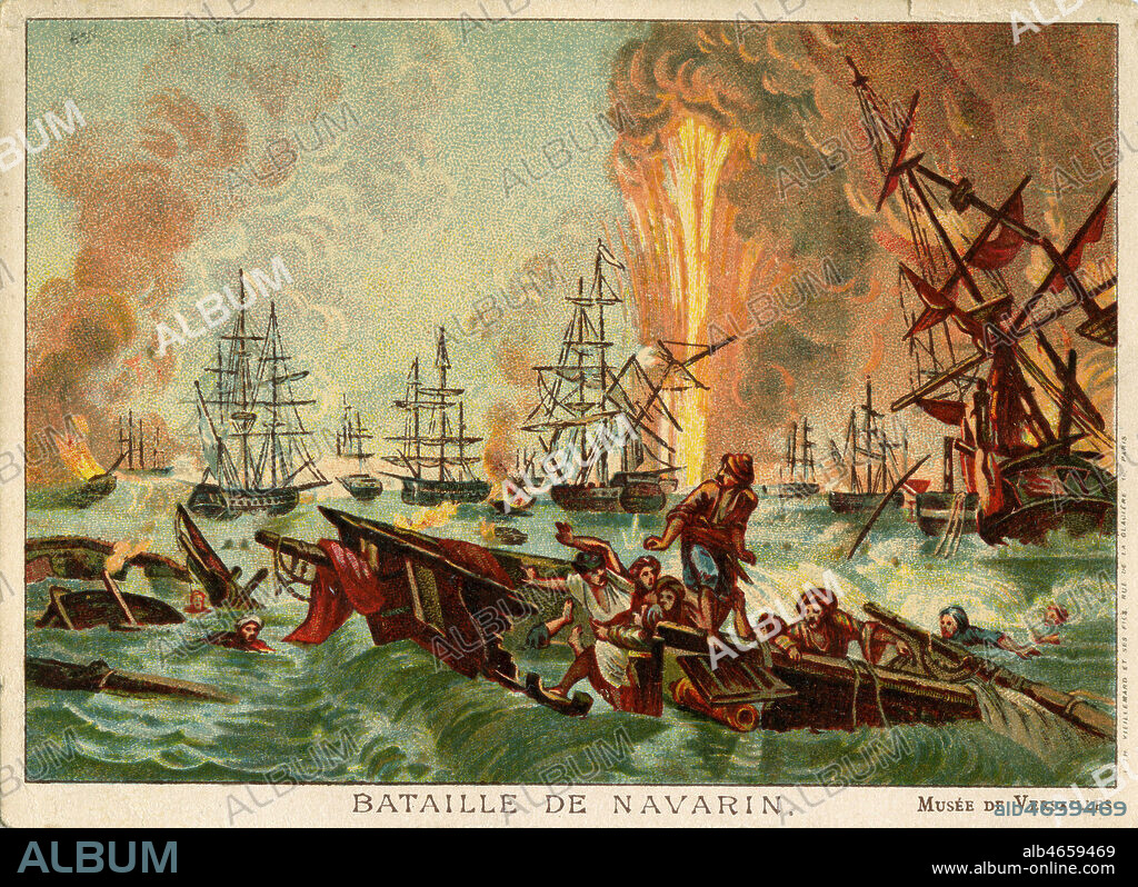 'Bataille de Navarin' qui s'est deroulee en 1827 entre la flotte Ottomane et une flotte franco-russo-britannique lors de la guerre d'independance grecque. Chromo vers 1900, illustration anonyme. Credit : Collection IM/KHARBINE-TAPABOR.