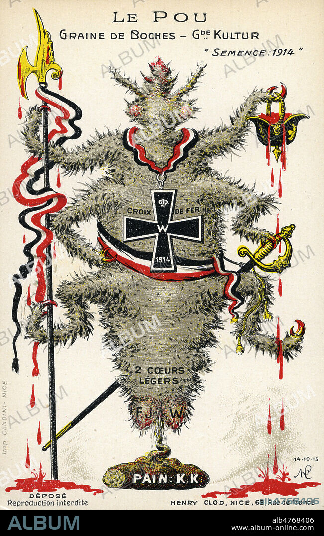 'Le pou. Graines de Boches, semence 1914'. Caricature anonyme pour une carte postale vers 1914. Credit : Collection IM/KHARBINE-TAPABOR.