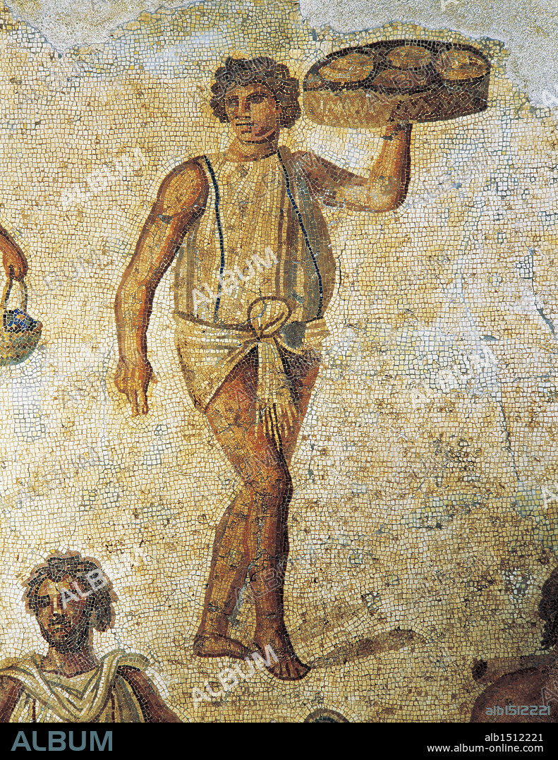 Roman civilization, 3rd century A.D. Servant preparing a banquet. Mosaic from Carthage.