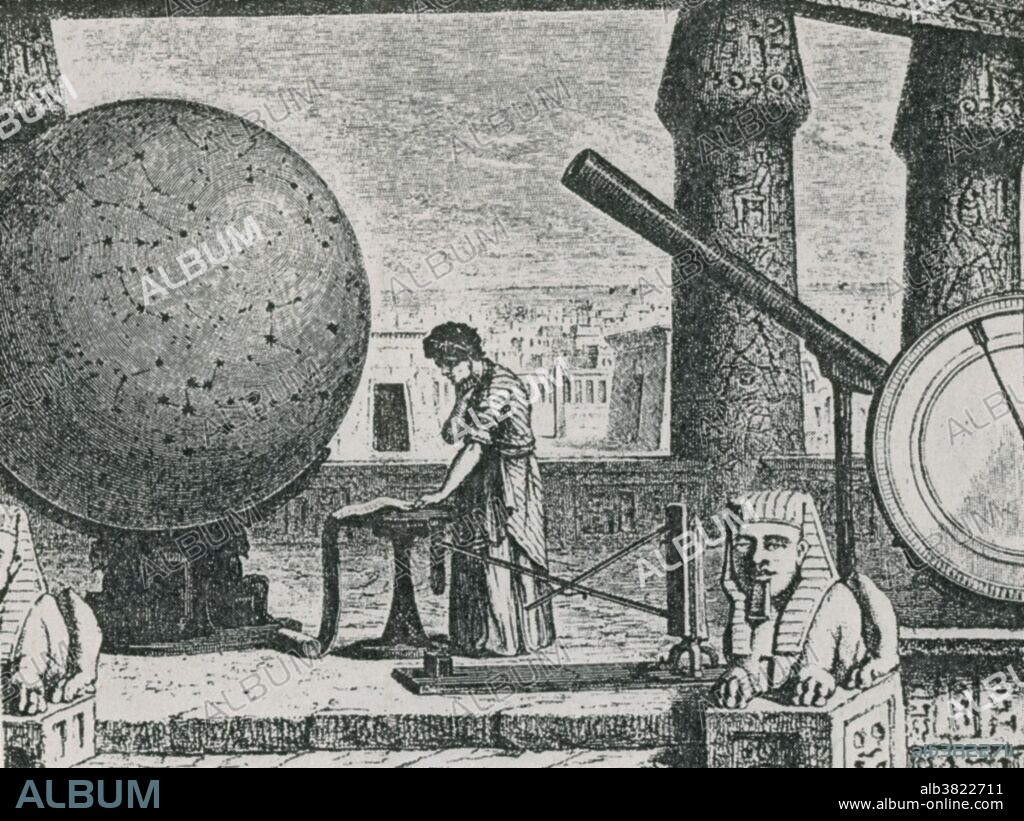 Claudius Ptolemy (AD c100-170), Greek-Egyptian astronomer, geographer and mathematician at his observatory in Alexandria, Egypt. Among the instruments seen here are Ptolemy's rulers (lower center) and a copper disc (far right), which he used to demonstrate the law of reflection. At this observatory Ptolemy made the observations that supported Earth-center models of solar and planetary motion. This view dominated astronomical thinking until the mid 16th century. Engraving from Vies des Savants Illustres (1877).