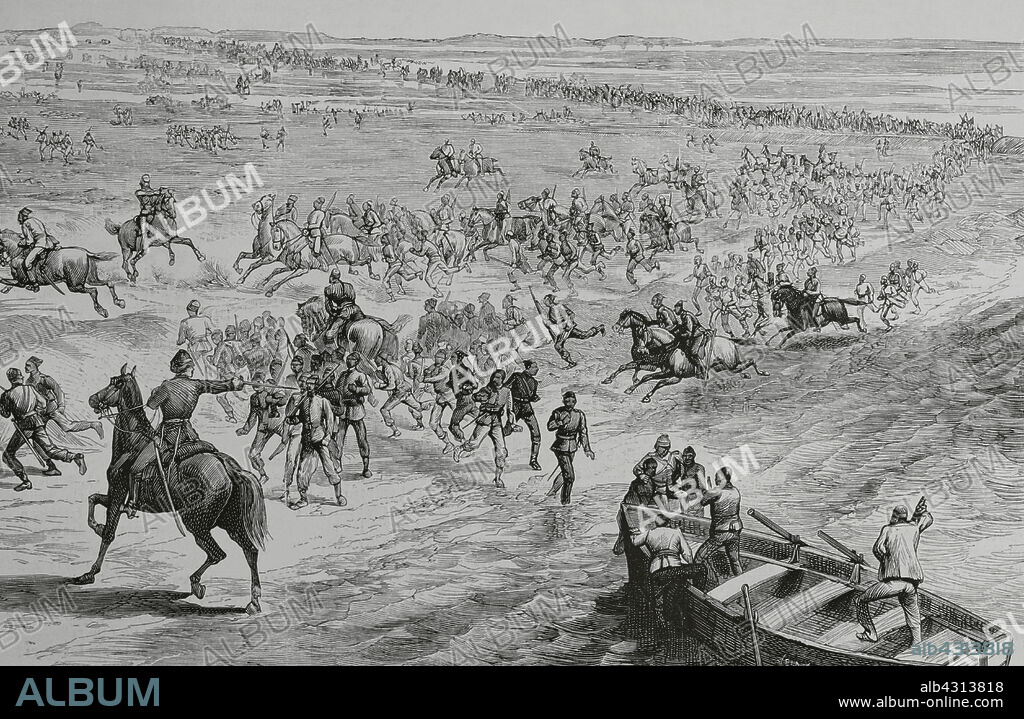 Mahdist War (1881-1899). It faced the followers of Sudanese religious leader Muhammad Ahmad bin Abdullah bin Fahal, the self-proclaimed Mahdi, against Egyptian Khedivate troops, who were later joined by British forces. First Battle of El Teb (4 February 1884). Valentine Baker, commanding the military contingent that was coming to Tokar's aid, was defeated by an attack near El Bed during the march. The Egyptian soldiers, who were part of this contingent, were not used to marching in formation, moving forward en masse without any kind of discipline. When they reached near El Teb, they were attacked by Mahdi troops led by Osman Digna. Despite being superior in number and weapons, the troops panicked and fled. The Mahdists caught up with them, inflicting huge losses. Baker, unable to regroup his troops, retreated to the camp with the survivors. Trinkitat. Fugitives from Baker Pasha's army in search of the port after the battle of El Teb. Engraving. La Ilustración Española y Americana (The Spanish and American Illustration), March 8, 1884.