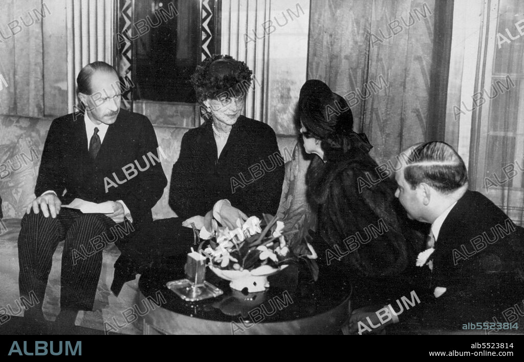 Duchess Sees Dress Secrets -- A close up of the Duchess of Kent wearing a charming new hat fashion herself.In a room in a famous West-end Hotel this week-end the Duchess of Kent saw some of the gowns that are being sent to New York for the World's biggest fashion show. April 12, 1941. (Photo by Fox Photos).