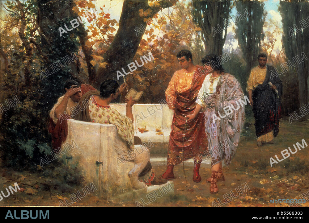 Catull, Gaius Valerius Catullus; röm. Dichter; Verona um 84 v. Chr. Rom 54 v. Chr. "Der Dichter Catull liest aus seinen Gedichten". Gemälde, 1885, von Stepan Wladislawowitsch Bakalowitsch (1857- nach 1936). Öl auf Leinwand, 26,8 × 39 cm. Moskau, Staatliche Tretjakow-Galerie.