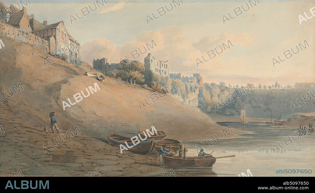 View of Chepstow Castle, Monmouthshire, from Under the Bridge, John Varley, 17781842, British, 1802, Watercolor and graphite on moderately thick, slightly textured, cream wove paper, Mount: 11 9/16 x 20 1/16 inches (29.4 x 51 cm) and Sheet: 11 x 19 1/2 inches (28 x 49.5 cm), architectural subject, beach, boats, buildings, castle, cliffs, dog (animal), fishermen, genre subject, hill, houses, labor, laborers, landscape, men, river, sailboats, shore (landform), trees, walls, workers, working, Chepstow, Chepstow Castle, Cymru, Monmouthshire, United Kingdom, Wales, Wye.