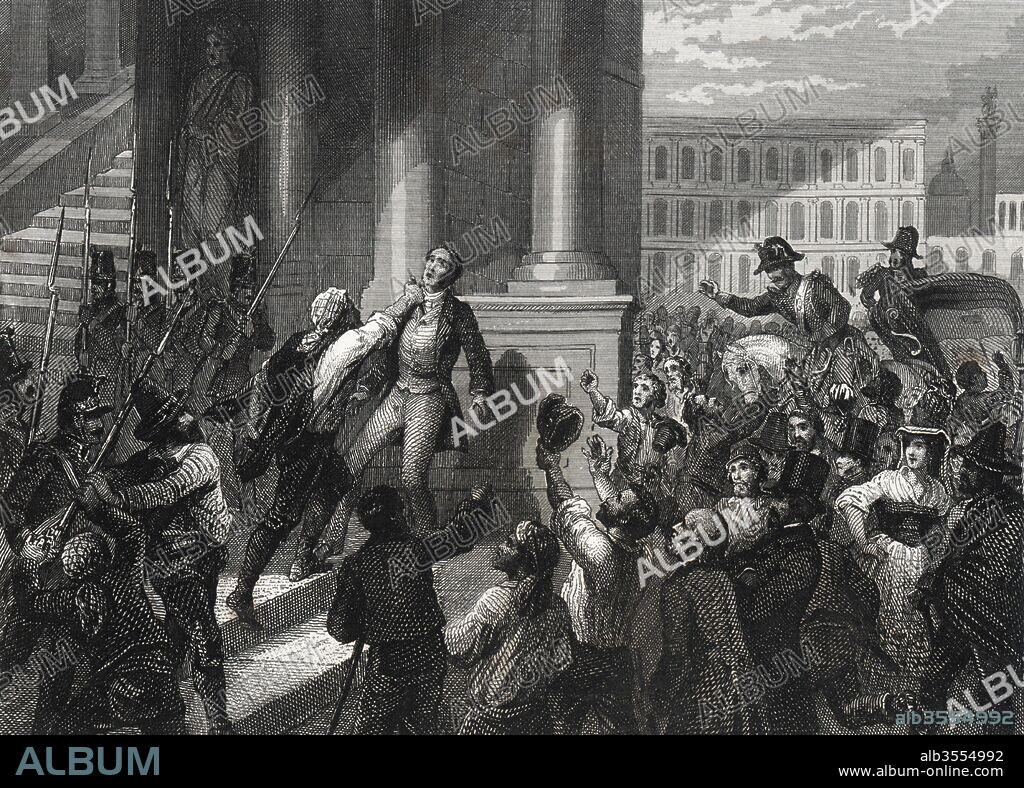 Vaticano. Siglo XIX. Pellegrino Rossi (1787-1848), economista, político y jurista italiano, ministro del papa Pio IX, asesinado en la Colina Vaticana por un joven radical de una sociedad secreta. Grabado de 1864.