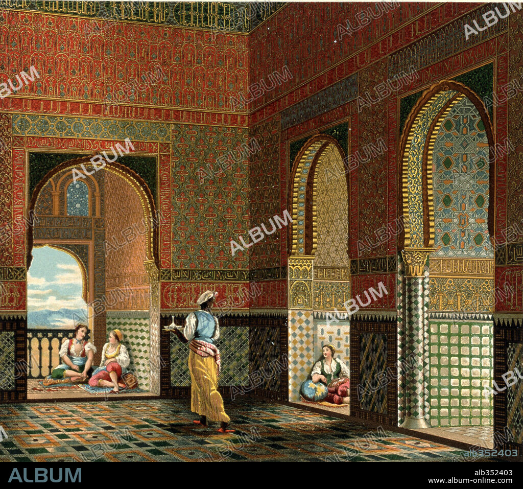 AUGUSTE RACINET. Interior of a rich man's house, moorish from Complete Costume History Vol. I by August Racinet, Paris, 1888.