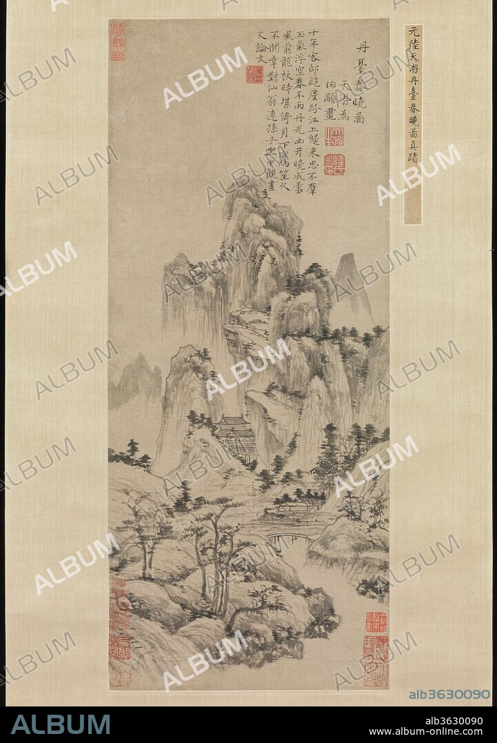 Spring Dawn Over the Elixir Terrace. Artist: Lu Guang (Chinese, ca. 1300-after 1371). Culture: China. Dimensions: Image: 24 1/4 x 10 1/4 in. (61.6 x 26 cm)
Overall with mounting: 87 1/2 x 17 5/8 in. (222.3 x 44.8 cm)
Overall with knobs: 87 1/2 x 20 5/8 in. (222.3 x 52.4 cm). Date: ca. 1369.
To escape the turbulence of the closing years of the Yuan dynasty, Lu Guang traveled far from his native city of Suzhou. He painted Spring Dawn after his return to the Lake Tai area, following the establishment of the Ming dynasty in 1368. The reference to the Elixir Terrace in the title of the painting indicates the artist's interest in both Daoist alchemy and the pursuit of immortality; the poem, which describes "elixir rays emitted from a well turning into [auspicious] clouds at dawn," expresses Lu's optimism in the new era. In the city of Wuxing in 1369, Lu Guang saw and inscribed an important painting attributed to Yan Wengui (act. ca. 980-1010). Although Spring Dawn, which was painted about the same time, shows the influence of Yan Wengui's monumental composition, Lu Guang's brushwork is utterly different from the Northern Song descriptive style. The loosely directed kinesthetic brush-strokes, building layer after layer upon themselves, evoke landscape forms as might a tone poem.