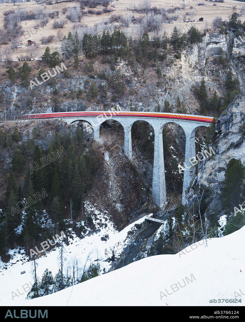 Landwasser Viaduct, Bernina Express railway line, UNESCO World Heritage Site, Graubunden, Swiss Alps, Switzerland, Europe.