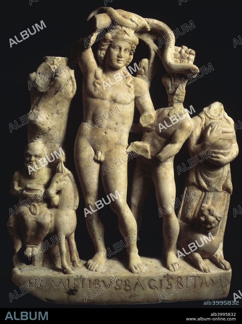 Sculpture depicting Bacchus with Silenus, a satyr, maenad and panther. This sculpture was found on the latest floor of the Temple of Mithras when the building was no longer used to worship him.