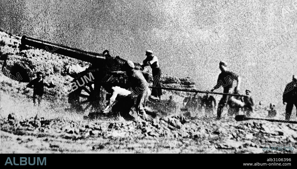Republican artillery in action at Teruel, during the Spanish Civil War. The combatants fought the battle between December 1937 and February 1938, during the worst Spanish winter in twenty years. The battle was one of the bloodier actions of the war with the city changing hands several times, first falling to the Republicans and eventually being re-taken by the Nationalists. In the course of the fighting, Teruel was subjected to heavy artillery and aerial bombardment. The two sides suffered over 140,000 casualties between them in the two-month battle.