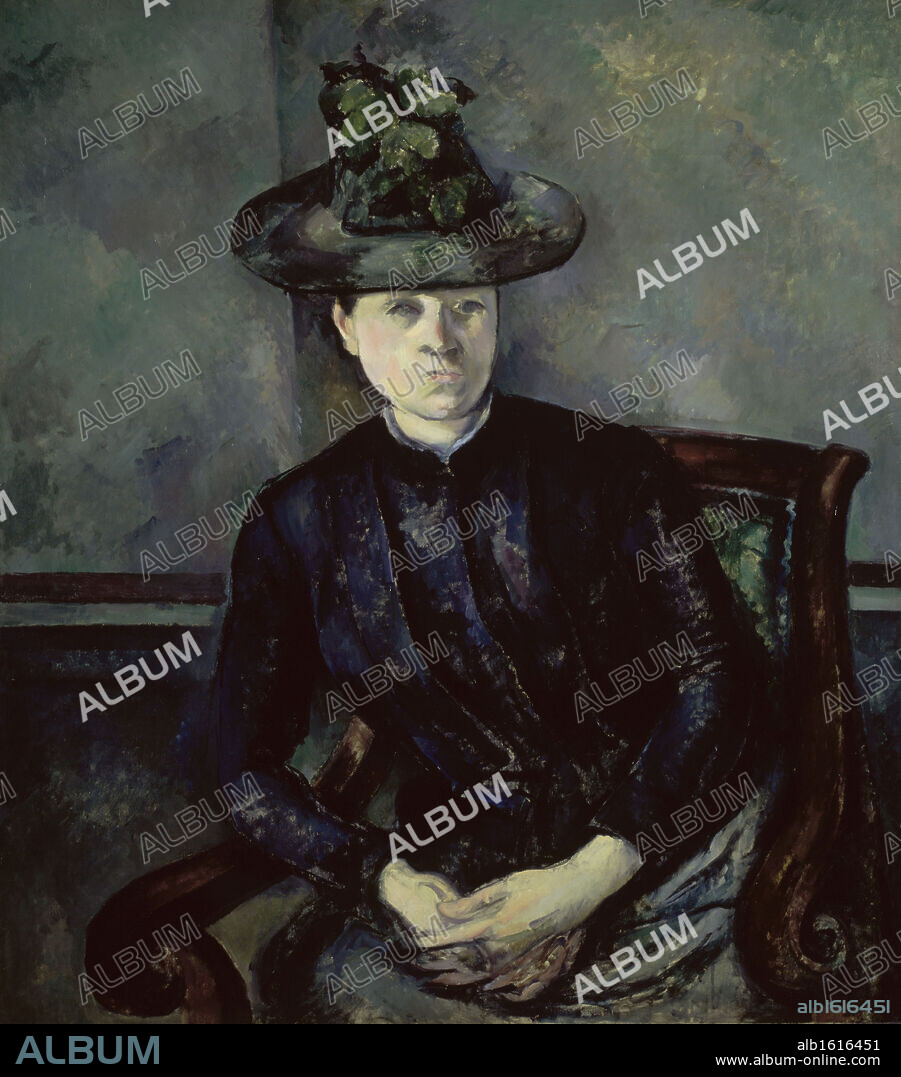 PAUL CÉZANNE. Woman in a Green Hat Madame Cezanne  1894-1895  Paul Cezanne (1839-1906 French)  Oil on Canvas  Barnes Foundation, Merion, Pennsylvania, USA.