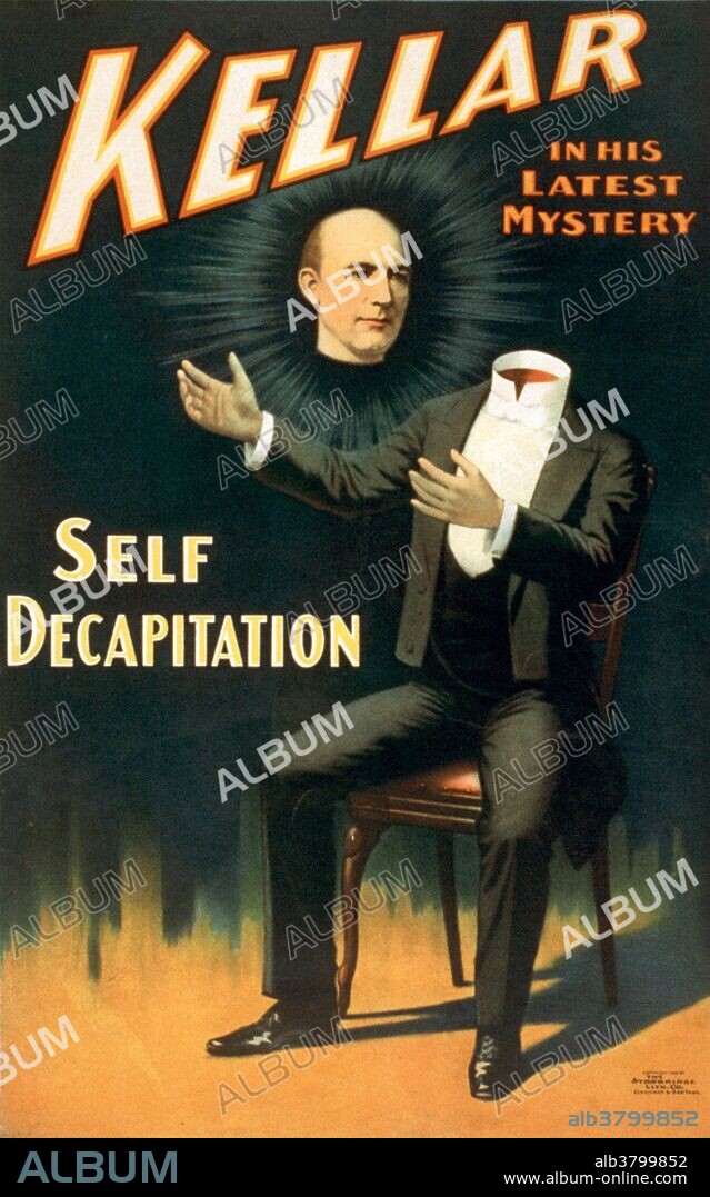 Entitled: "Kellar in his latest mystery" lithograph poster created by the Strobridge Lithographing Company, 1898. Harry Kellar (July 11, 1849 - March 10, 1922) was an American magician who presented large stage shows during the late 19th and early 20th centuries. He was often referred to as the "Dean of American Magicians" and performed extensively on five continents. One of his most memorable stage illusions was the levitation of a girl advertised as the "Levitation of Princess Karnack". He married Eva Lydia Medley, a coronet player, in 1887. She played a part in many of his upcoming illusions, but she also provided music for the shows. He retired in 1908, and allowed Howard Thurston to be his successor. Kellar was often visited by other magicians, notably including Harry Houdini. He died in 1922 at the age of 72 from a pulmonary hemorrhage brought on by influenza.