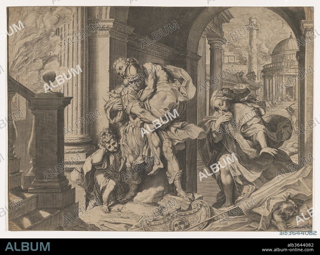 AUGUSTIN CARRACHE et AFTER FEDERICO BAROCCI. Aeneas and his family fleeing Troy. Artist: After Federico Barocci (Italian, Urbino ca. 1535-1612 Urbino); Agostino Carracci (Italian, Bologna 1557-1602 Parma). Dimensions: Sheet (Trimmed): 15 1/4 × 20 7/8 in. (38.7 × 53 cm). Publisher: Donato Rasicotti (Italian, active Venice, 1572-98). Date: 1595.
Understanding that defending the burning city of Troy was futile, Aeneas fled with his aged father Anchises on his back. Anchises carried the penates (household gods), and Aeneas held his son Ascanius by the hand. His wife Creusa followed a few steps behind but was lost in the confusion of battle. The buildings of Troy seen here recall monuments in Rome, which was possibly an intentional detail to foreshadow Aeneas' fate.
Federico Barocci produced two paintings of this subject. The earlier one was already in Prague when Agostino created this engraving, while the second version postdates it by three years.  Another printmaker Cornelis Cort reproduced one of the paintings in a print. Agostino's biographer Malvasia tells us that Agostino created this engraving 'for study, and to please himself.' Agostino did not however please Barocci, to whom he sent two impressions of the engraving and received a rather nasty letter in return. It is hardly surprising that Barocci was unhappy, given that his paintings are characterized by softness and subtle coloristic changes rather than the sculptural form and bulging muscles that Agostino emphasized in his print. In previous engravings, Agostino had adapted the manner of Cornelis Cort to reproduce the coloristic qualities of Venetian painting. In this work, he turned for the first time to the example of the Dutch engraver Hendrick Goltzius, perhaps in response to Goltzius' 'Rest on the Flight', published the previous year, which masterfully replicates Barocci's painting style without copying a specific painting. Yet Agostino did not imitate the flowing and dissolving network of swelling lines that Goltzius had used to blur contours and blend tones, but rather the emphatic and exaggerated burin line that Goltzius had earlier applied to heroic subjects and Roman statues (17.37.59). Involved with his brother and cousin in the reform of painting, Agostino was known for 'correcting' his models when he engraved them, in this case making a heroic subject even more pronounced through firmer contours that recall ancient sculpture.