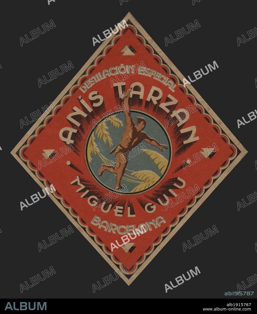 Publicidad. Etiqueta de Anís Tarzán. Barcelona, años 1930.