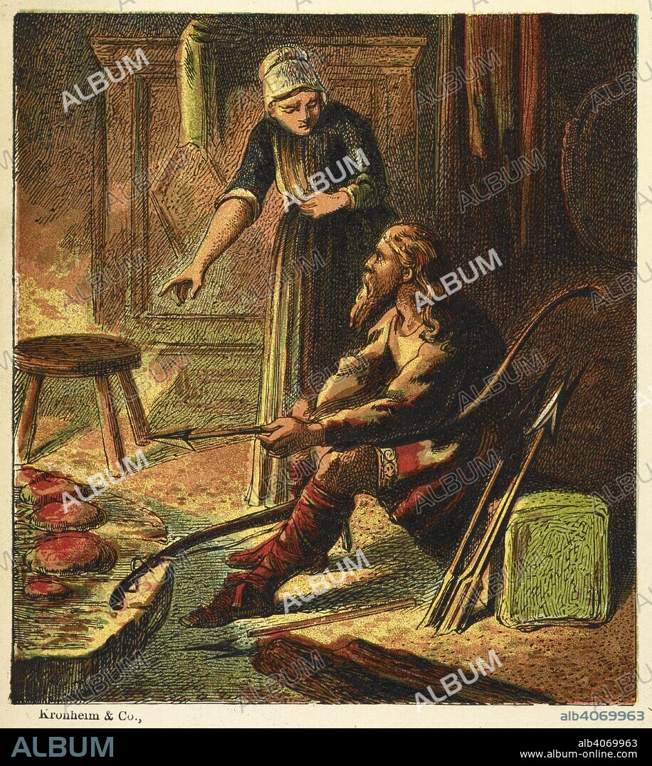 King Alfred and the cakes'. The folk tale of Alfred and the accidental burning of the griddle cakes. In 878, after the Danes captured Chippenham, Alfred was forced to retreat into the wilderness, and it is to this period that the story of King Alfred burning the cakes belongs. The story tells that Alfred was so low in his fortunes that he was forced to travel anonymously and seek lodging in a peasant woman's hut. Told to mind the cakes cooking on the fire, Alfred let his thoughts wander to his troubles. The cakes burned, and the peasant woman gave her king a good scolding for his carelessness. . Pictures of English History. From the earliest times to the present period. With ninety-three pictures, printed in colour by Kronheim. London : George Routledge & Sons, [1868]. Source: 9505.ff.6 picture 7. Language: English.