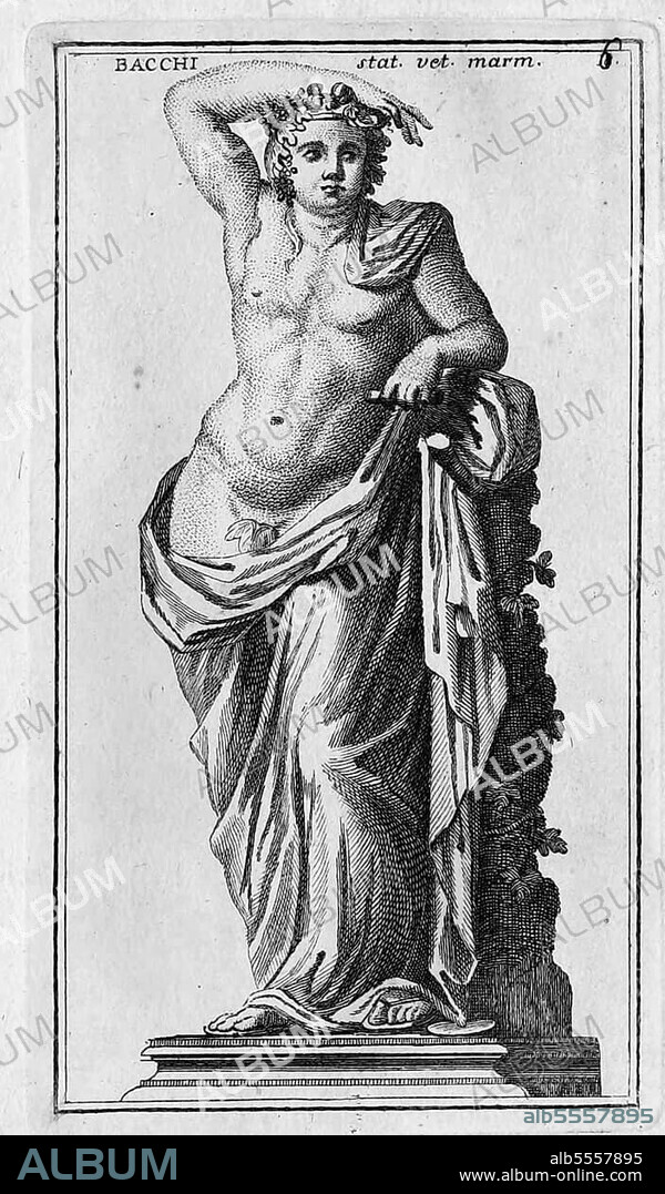Der römische Gott Bacchus, Marmorstatue aus dem antiken Rom, Italien, digitale Reproduktion einer Originalvorlage aus dem 18. Jahrhundert, Originaldatum nicht bekannt.
