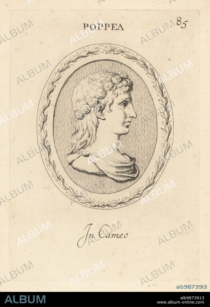 Bust of Poppaea Sabina, AD 30 65, also known as Ollia, Roman Empress as the second wife of the Emperor Nero. With garland of roses in her hair. Poppea. In cameo. Copperplate engraving by Giovanni Battista Galestruzzi after Leonardo Agostini from Gemmae et Sculpturae Antiquae Depicti ab Leonardo Augustino Senesi, Abraham Blooteling, Amsterdam, 1685.