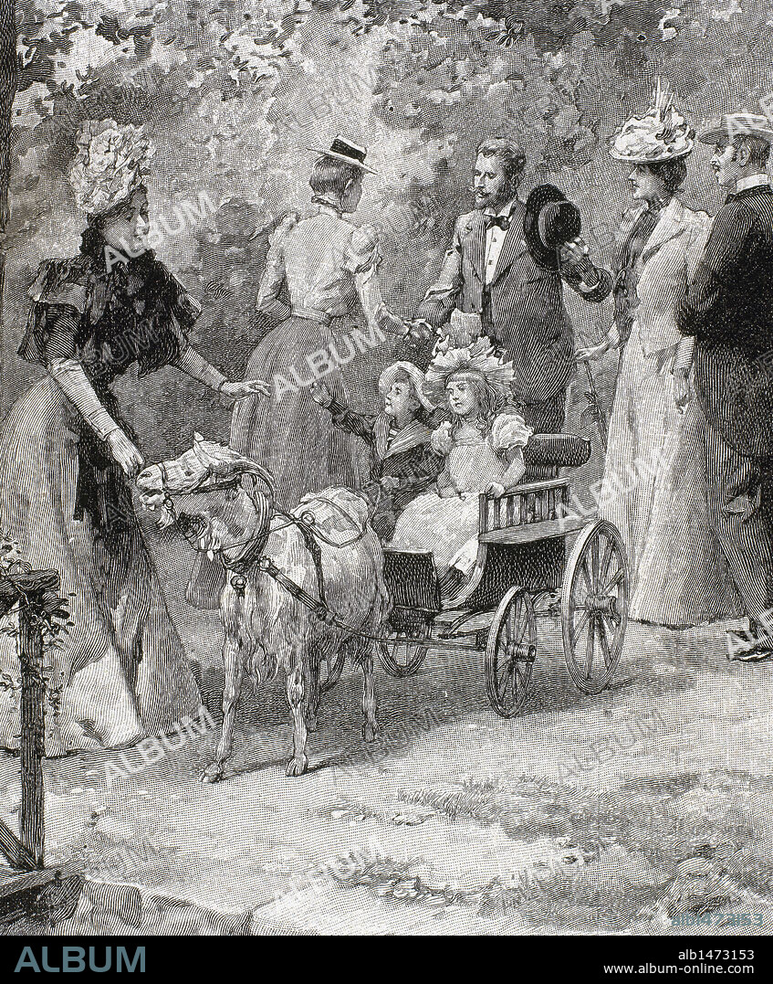 SOCIEDAD PRINCIPIOS S. XX. BURGUESIA. Familias saludándose en un parque. Grabado del 1900.