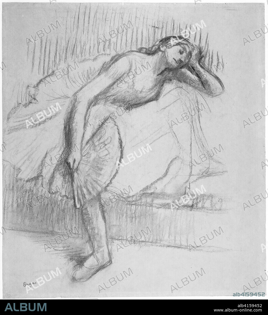 HILAIRE GERMAIN EDGAR DEGAS. Dancer Resting with a Fan. Edgar Degas; French, 1834-1917. Date: 1890-1895. Dimensions: 505 × 448 mm. Charcoal with stumping, on tan wove tracing paper, laid down on cream wood-pulp laminate board. Origin: France.