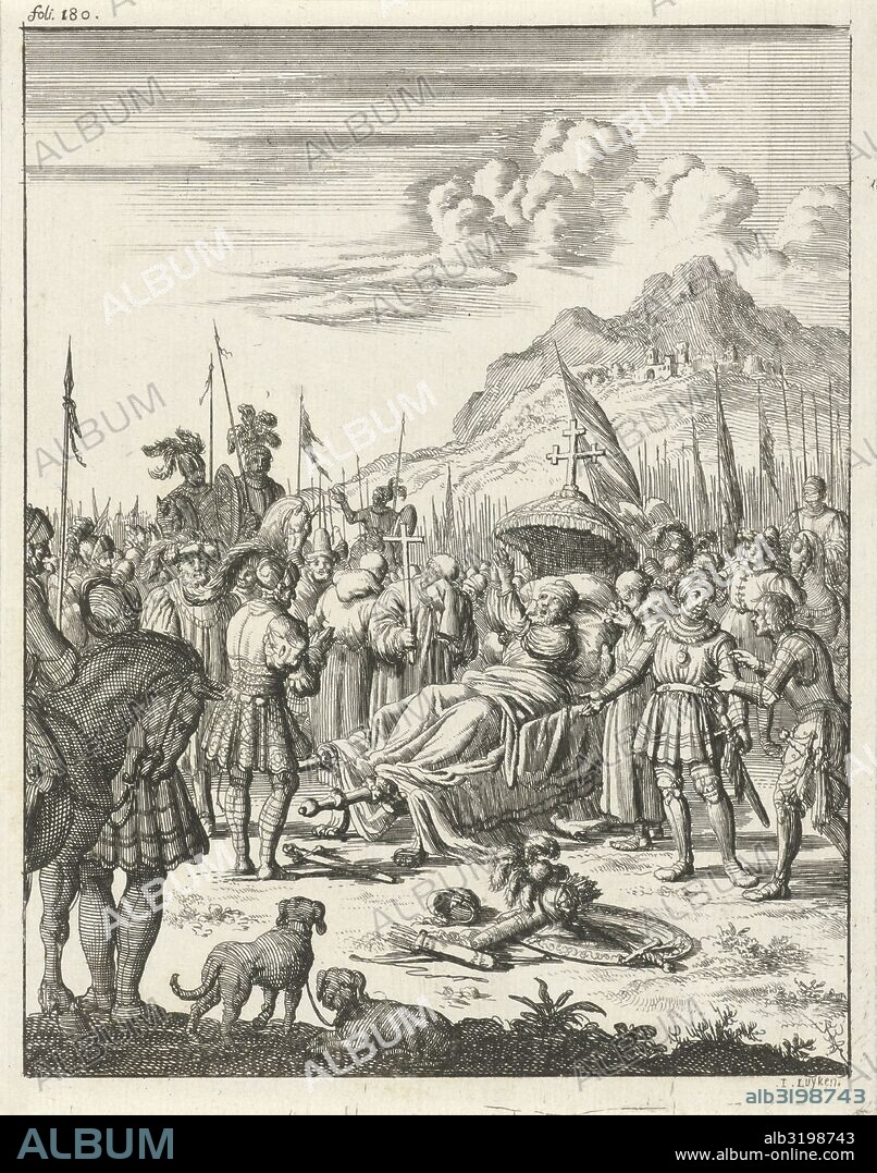 Fulk V, Count of Anjou and King of Jerusalem, dies lying on a stretcher, Jan Luyken, Timotheus ten Hoorn, 1683.