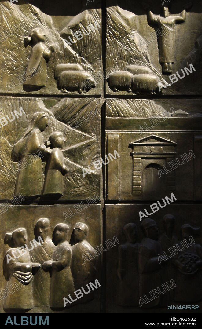 Montenegro. Kotor. Saint Mary Church. Door reliefs depicting the life of Blessed Osanna of Cattaro (1493-1565). Detail.