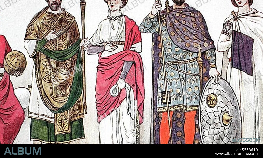 Clothing, fashion at the imperial court in Byzantium, 4th -5th century, from left, Emperor Arcadius with globe, a consul, Galla Placidia, sister of Emperor Arcadius and Honorius, then Emperor Valentinian III, son of Galla Pladicia, then companion and lady-in-waiting to the empress, digitally enhanced reproduction of a 19th century illustration