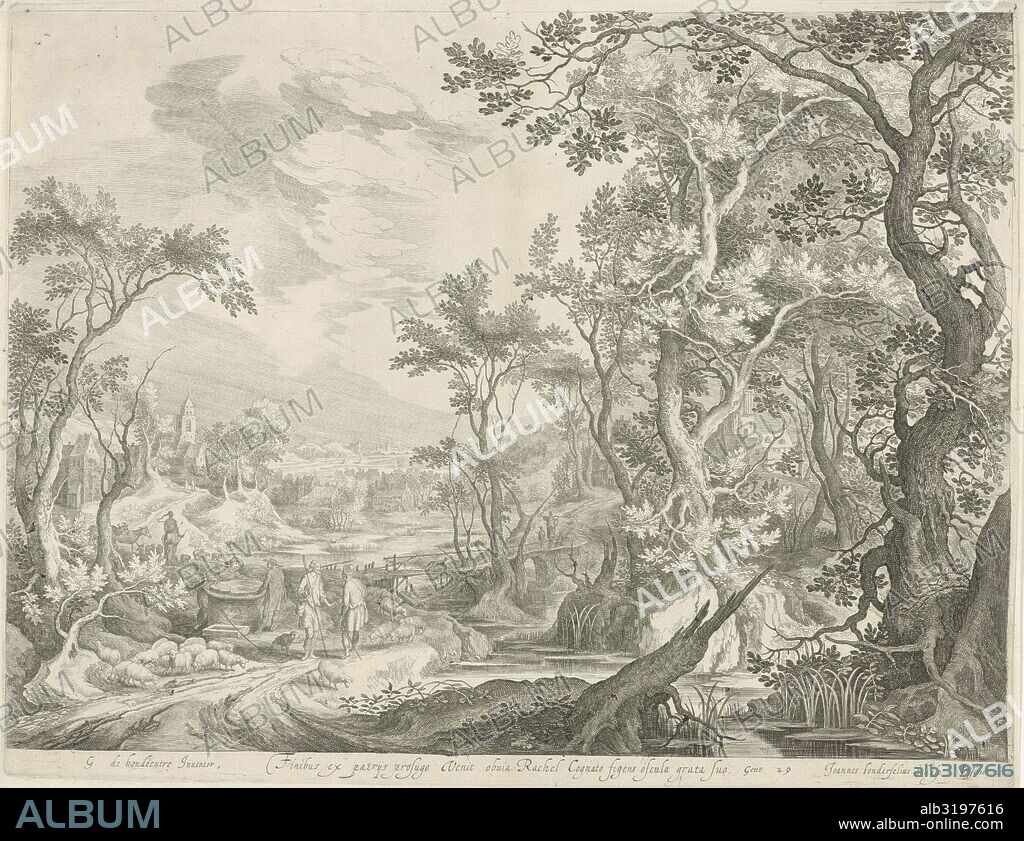 Jacob and the men of Haran at the well, print maker: Jan van Londerseel, Gillis Claesz. de Hondecoeter, Claes Jansz. Visscher II, 1601 - 1652.