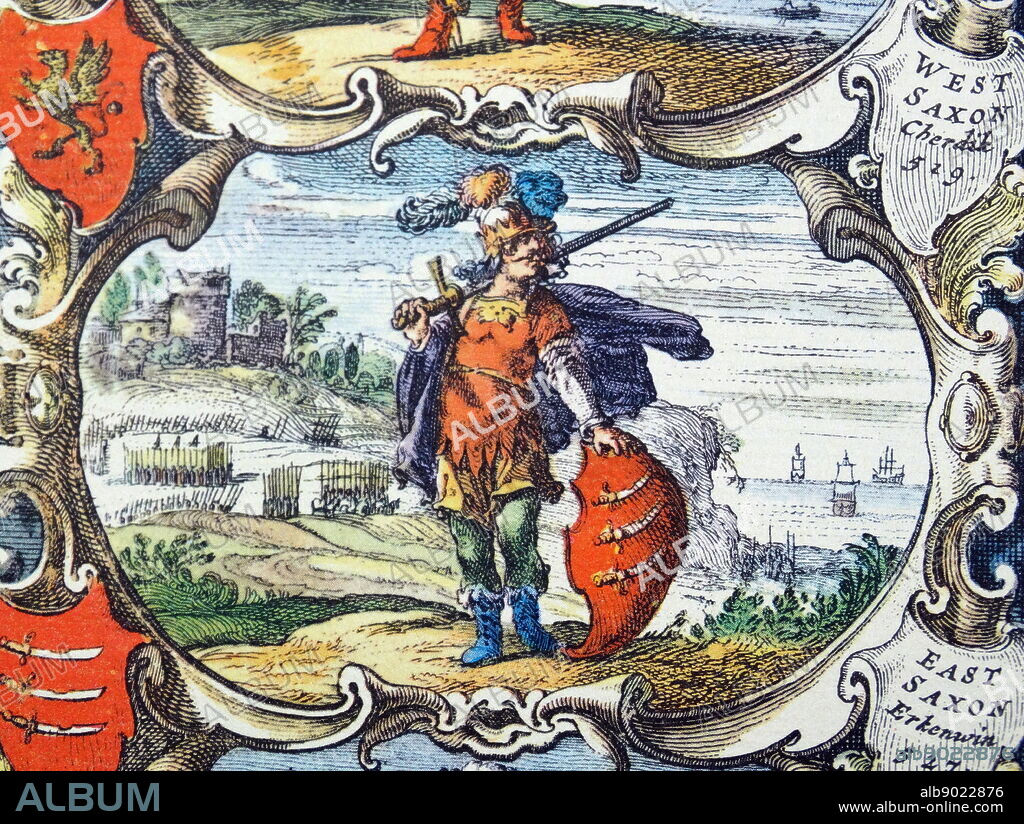 Æscwine, or Erkenswine, Erkenswine in the Anglo-Saxon royal genealogies is listed as the first king of Essex. 6th century. Detail from an antique map of Britain, by the Dutch cartographer Willem Blaeu in Atlas Novus (Amsterdam 1635).