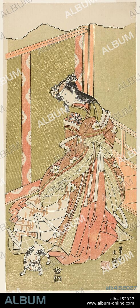 The Actor Nakamura Noshio I as the Third Princess (Nyosan no Miya) in the Play Fuki Kaete Tsuki mo Yoshiwara (Rethatched Roof: The Moon also Shines Over the Yoshiwara Pleasure District), Perfromed at the Morita Theater from the First Day of the Eleventh Month, 1771. Ippitsusai Buncho; Japanese, active c. 1755-90. Date: 1766-1776. Dimensions: 32.5 × 15 cm (12 13/16 × 5 7/8 in.). Color woodblock print; hosoban. Origin: Japan.