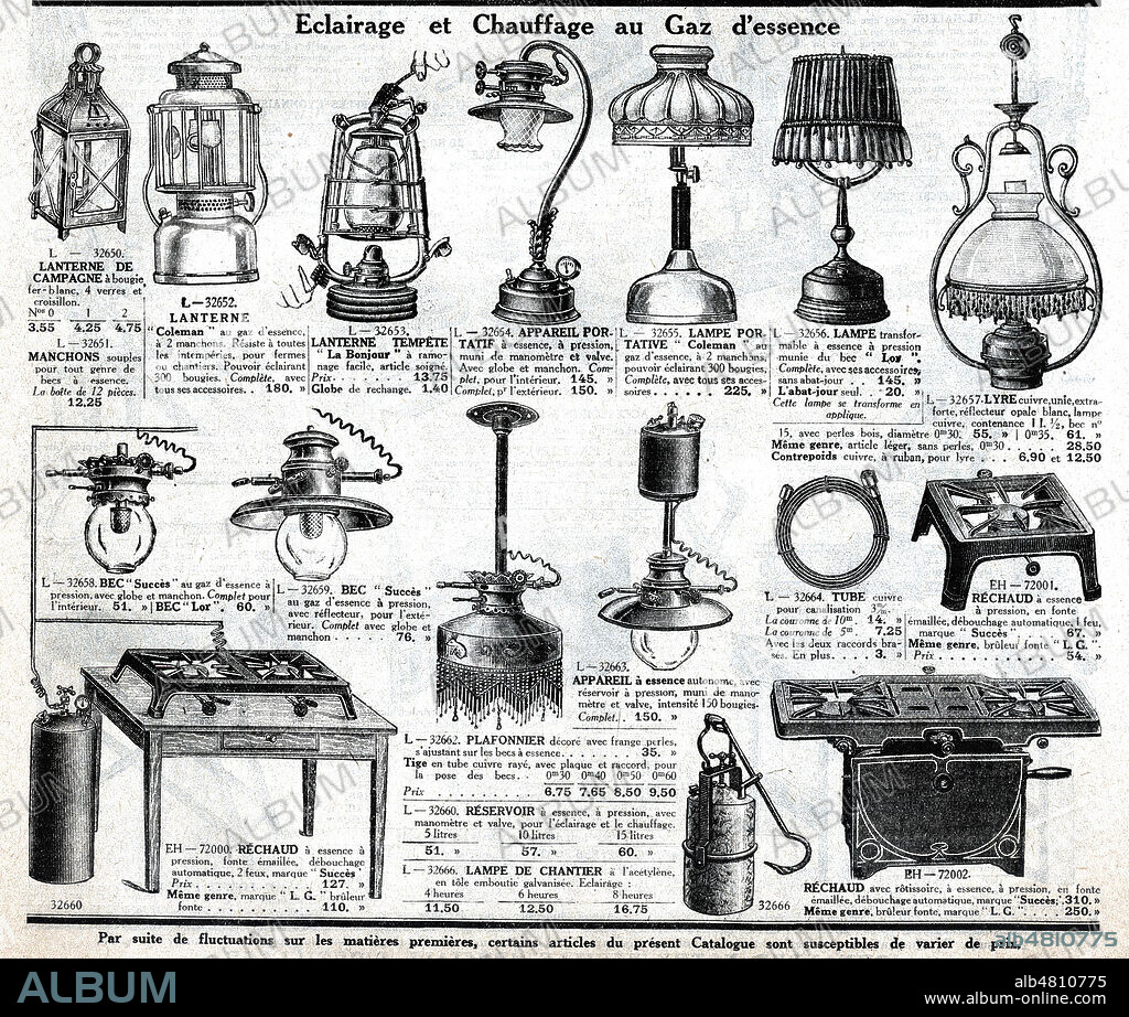 Eclairage et chauffage au gaz d'essence divers lampes et rechauds - Detail du Catalogue de vente du BHV Bazar de l'Hotel de Ville à Paris. vers 1910. Credit Collection KHARBINE TAPABOR.