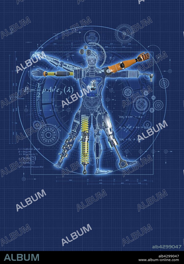 Blueprint design for robotic Vitruvian Man.