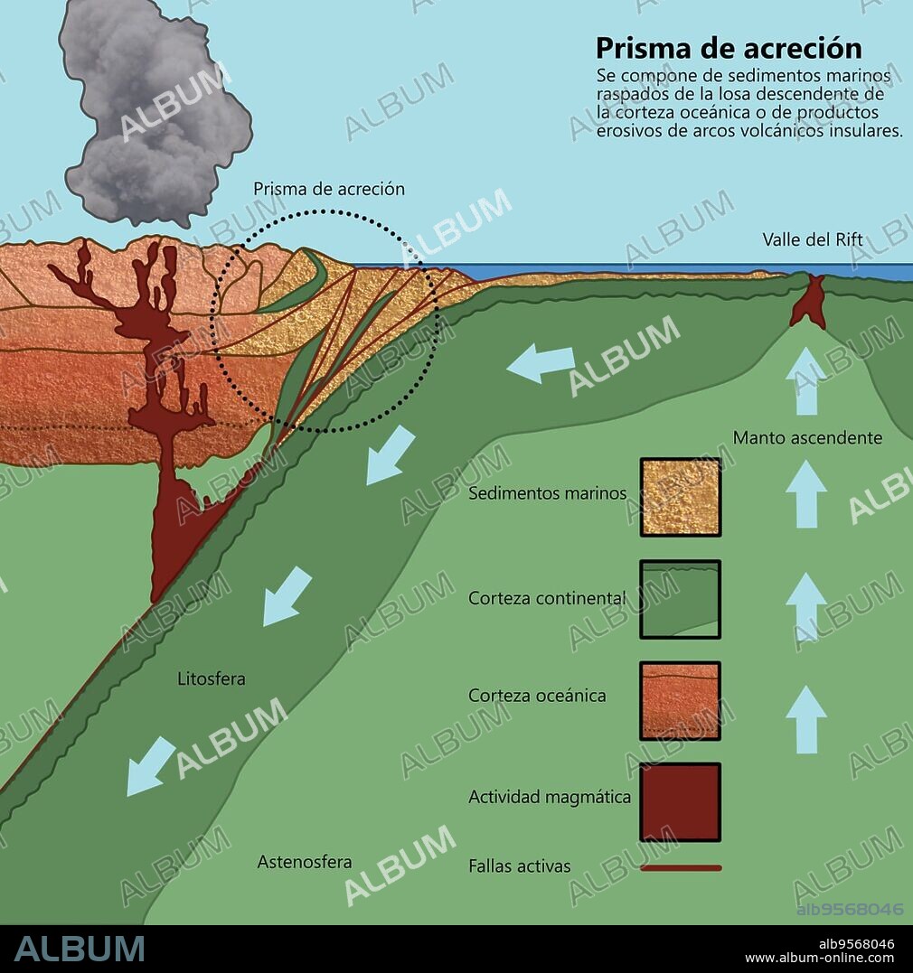 Illustration showing the formation of an accretionary prism. Comprised of marine sediments scraped off from the downgoing slab of oceanic crust or erosional products of volcanic island arcs that are accreted onto the non-subducting tectonic plate at a convergent plate boundary.