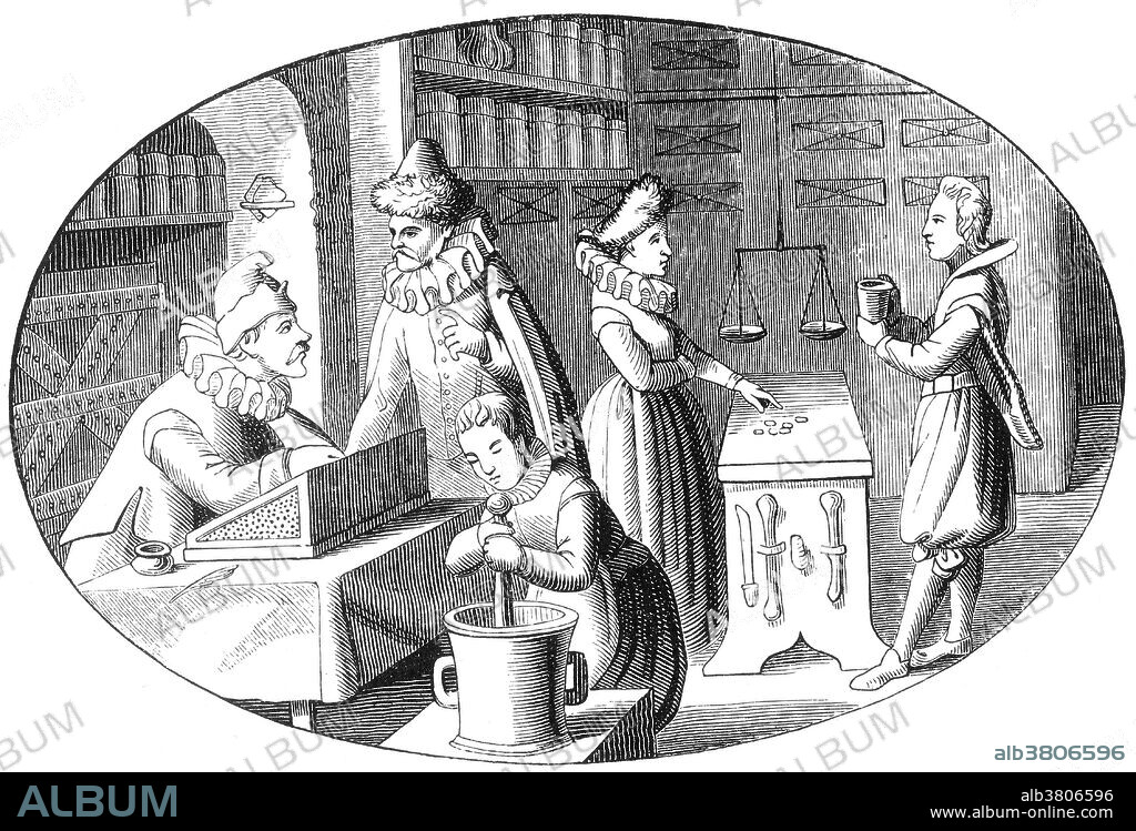 Entitled: "Interior of an apothecary's shop" from Illustrated History of Furniture, From the Earliest to the Present Time by Frederick Litchfield. Apothecary is a medical professional who formulates and dispenses materia medica to physicians, surgeons and patients. The modern pharmacist has taken over this role and in some languages and regions the word is still used to refer to a retail pharmacy or a pharmacist who owns one. The apothecaries' investigation of herbal and chemical ingredients was a precursor to the modern sciences of chemistry and pharmacology. From the 15th century to the 16th century, the apothecary gained the status of a skilled practitioner, but by the end of the 19th century, the medical professions had taken on their current institutional form, with defined roles for physicians and surgeons, and the role of the apothecary was more narrowly conceived as that of pharmacist.