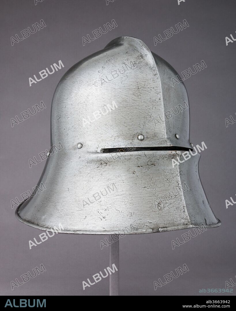 Sallet and Bevor. Culture: German. Dimensions: Sallet (a); H. 10 1/4 in. (26 cm); W. 11 1/4 in. (28.6 cm); D. 15 in. (38.1 cm); Wt. 7 lb. 8.5 oz. (3416.1 g); bevor (b); H. 6 1/4 in. (15.9 cm); W. 8 3/4 in. (22.2 cm); D. 8 5/16 in. (21.1 cm); Wt. 1 lb. 3.2 oz. (544.3 g)
Bevor, 6 x 8 3/4 in. (15.2 x 22.2 cm). Date: 1480.