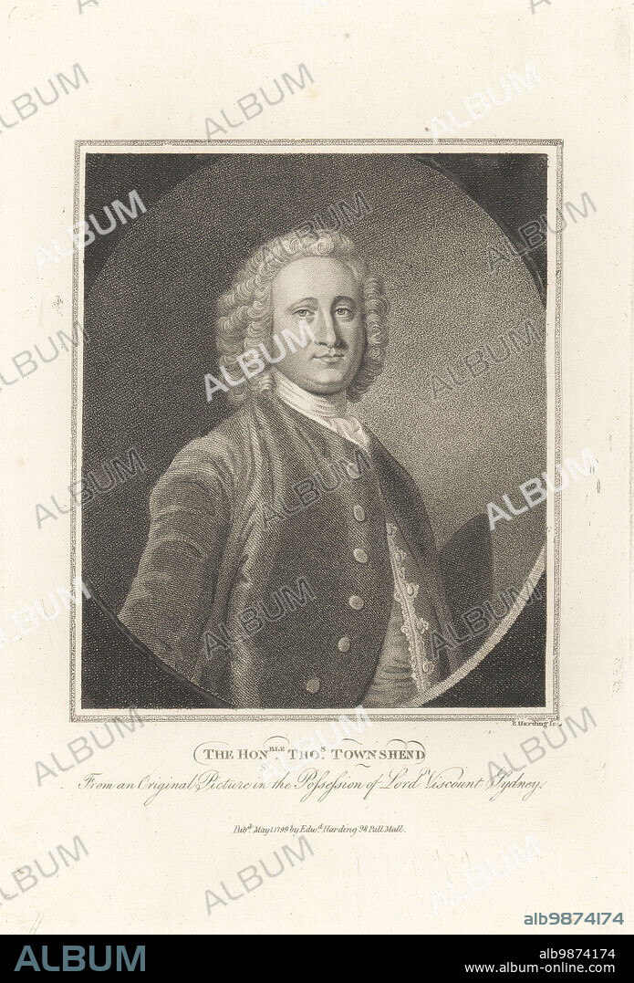 Thomas Townshend, British Whig politician and scholar, 1701-1780. Educated at Eton and King's College, Cambridge. MP for Winchelsea. Father of Thomas Townshend, 1st Viscount Sydney. The Honourable Thos. Townshend. Copperplate engraving by Edward Harding from John Adolphus The British Cabinet, containing Portraits of Illustrious Personages, printed by T. Bensley for E. Harding, 98 Pall Mall, London, 1800.