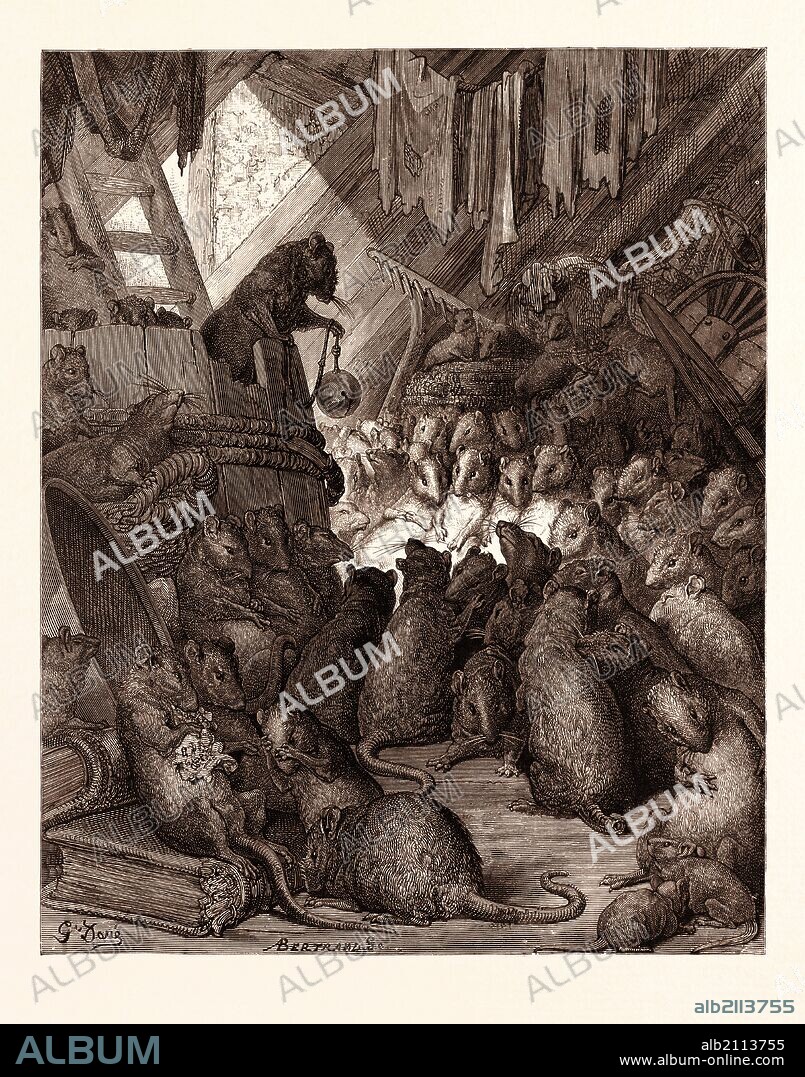 THE COUNCIL HELD BY THE RATS, BY GUSTAVE DORÉ. Dore, 1832 - 1883, French. Engraving for Fables by Jean de la Fontaine, engraved by Antoine Valerie Bertrand, French, born 1823, Art, Artist, romanticism, colour, color engraving.
