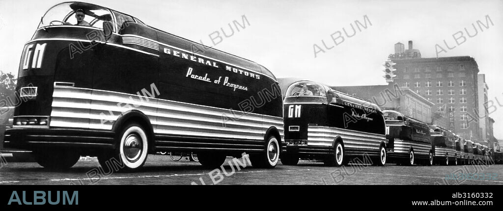 Detroit, Michigan: c. 1940 General Motors' Futurliner buses that were used in their Parade of Progress exhibits across the United States. The Futurliners were designed by Harley Earl.