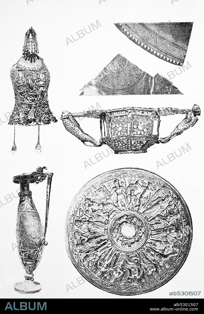 Parts of The Treasure of Pietroasa called archaeological find in Romania from the first half of the 19th century, treasure of Athanaric  /  Teile des Der Schatz von Pietroasa bezeichnet einen archaeologischen Fund in Rumaenien aus der ersten Haelfte des 19. Jahrhunderts, Schatz des Athanarich.
