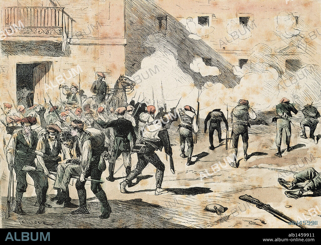 Third Carlist War (1872-1876). Spanish Wars. Belligerents: Carlists and Liberal.  Attempt to penetration into the town of Reus (province of Tarragona, Catalonia), on June 29, 1872 by Carlist leader Juan Francesch y Serret (1833-1872), commanding troops. Engraving by Pellicer, La Ilustracion Espan_ola y Americana, 1872. Later colouration.