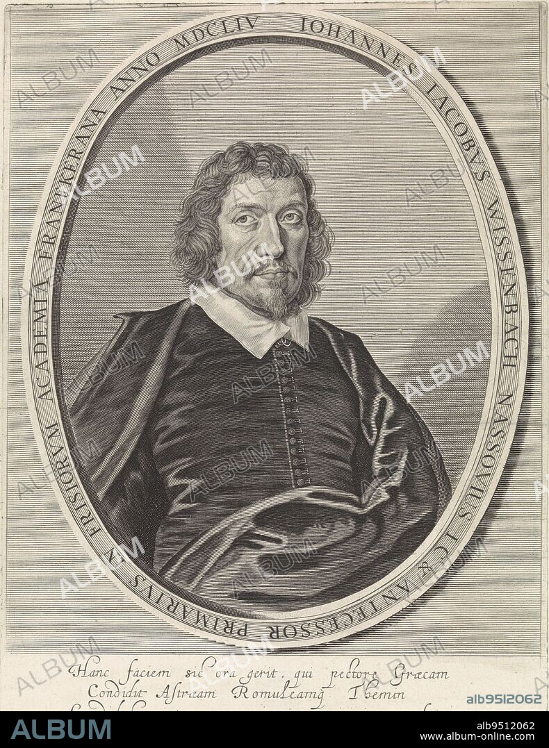 Portrait of Johannes Jacobus Wissenbach, professor at Franeker. In the margin a four-line poem of praise in Latin. Portrait of Johannes Jacobus Wissenbach, print maker: Crispijn van de Passe (II), (mentioned on object), Crispijn van de Passe (II), (mentioned on object), Christianus Schotanus, (mentioned on object), Amsterdam, 1654, paper, engraving, h 319 mm × w 229 mm.