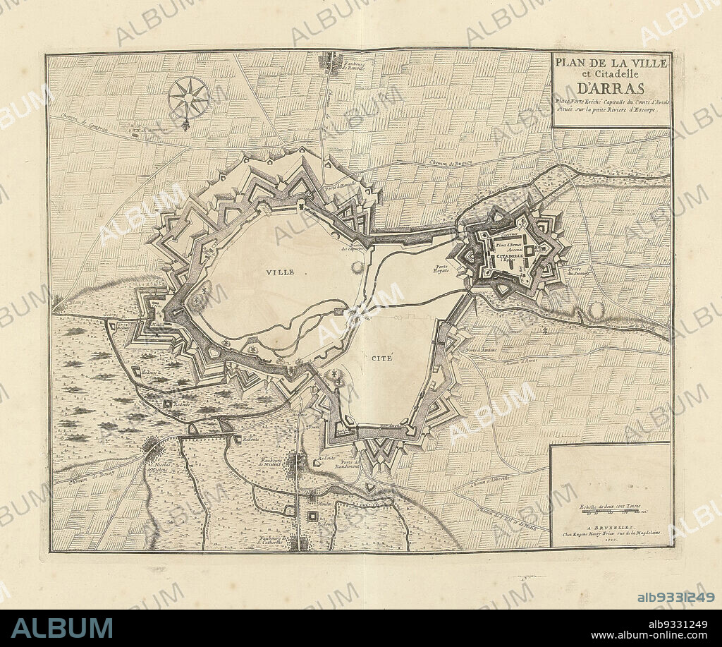 Map of Arras, 1710, Plan de la Ville et Citadelle d'Arras (title on object), Map of Arras, 1710. Part of a bundled collection of plans of battles and cities renowned in the War of the Spanish Succession., print maker: Jacobus Harrewijn (attributed to), publisher: Eugene Henry Fricx (mentioned on object), Brussels, 1710, paper, etching, height 398 mm × width 500 mm.