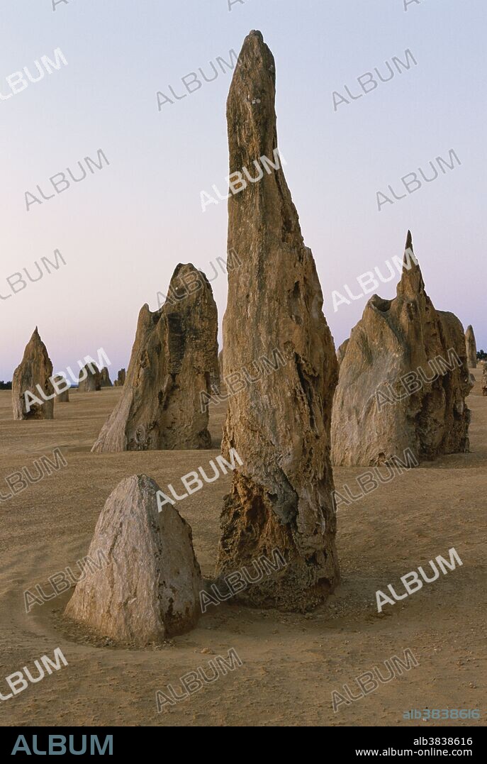 Eroded limestone pillars emerge from the Pinnacles Desert, Nambung National Park, near Cervantes, Western Australia.