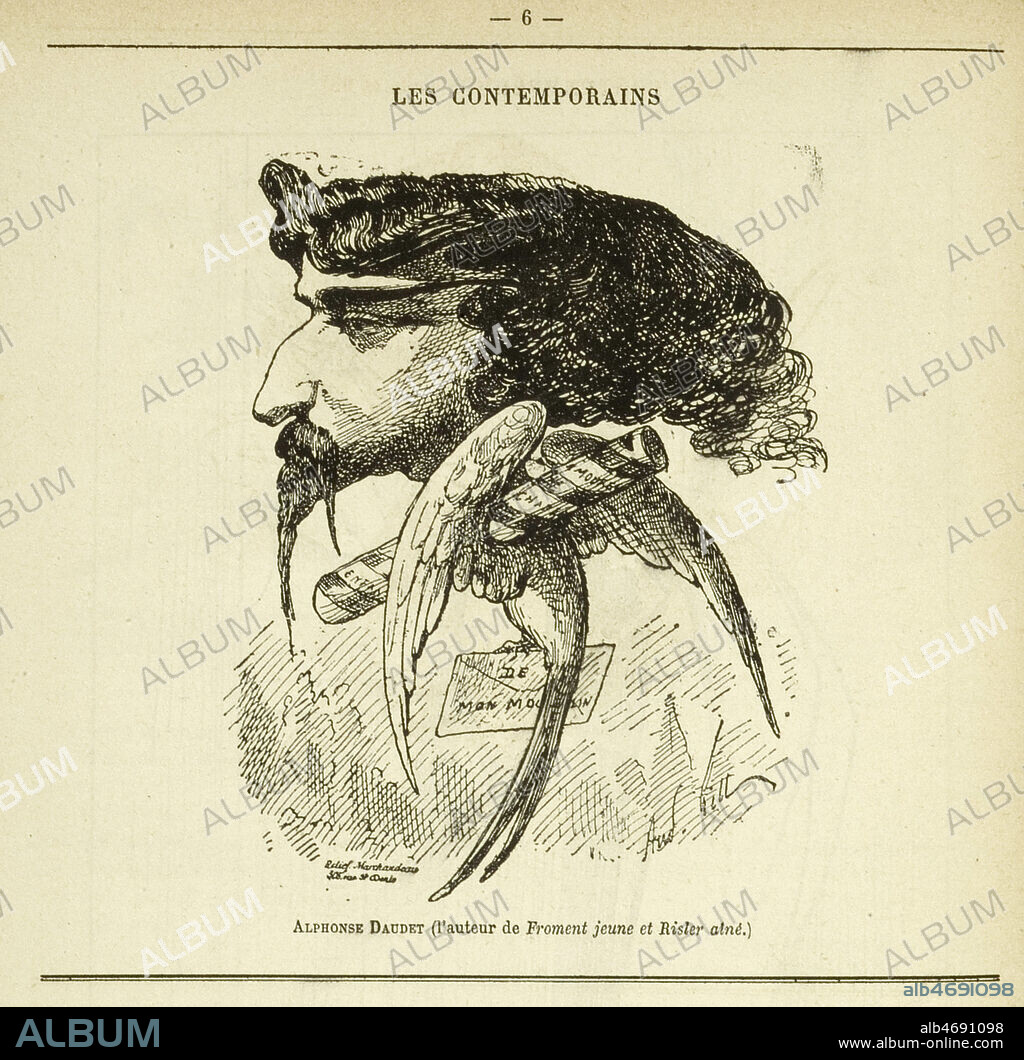 Alphonse DAUDET (1840-1897) (l'auteur de Fromont jeune et Risler aine). Illustration d'Andre GILL (1840-1885) pour Le Monde comique vers 1876-77 . Credit : Coll. Dixmier/KHARBINE-TAPABOR.