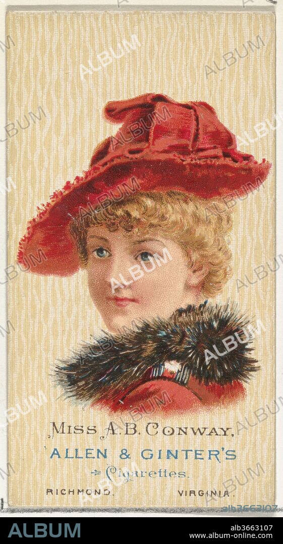 Miss A.B. Conway, from World's Beauties, Series 2 (N27) for Allen & Ginter Cigarettes. Dimensions: Sheet: 2 3/4 x 1 1/2 in. (7 x 3.8 cm). Lithographer: Lindner, Eddy & Claus (American, New York). Publisher: Allen & Ginter (American, Richmond, Virginia). Date: 1888.
Trade cards from "World's Beauties," Series 2 (N27), issued in 1888 in a set of 50 cards to promote Allen & Ginter brand cigarettes.