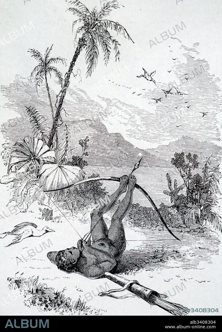 Engraving depicting a South American Indian method of using a bow and arrow. Dated 19th Century.
