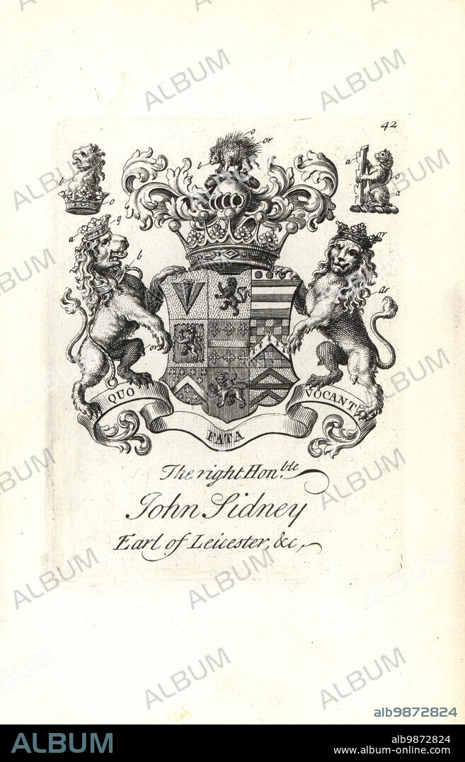 Coat of arms and crest of the right honorable Jocelyn Sidney, 7th Earl of Leicester, 1682-1743. Copperplate engraving by Andrew Johnston after C. Gardiner from Notitia Anglicana, Shewing their Achievements of all the English Nobility, Andrew Johnson, the Strand, London, 1724.