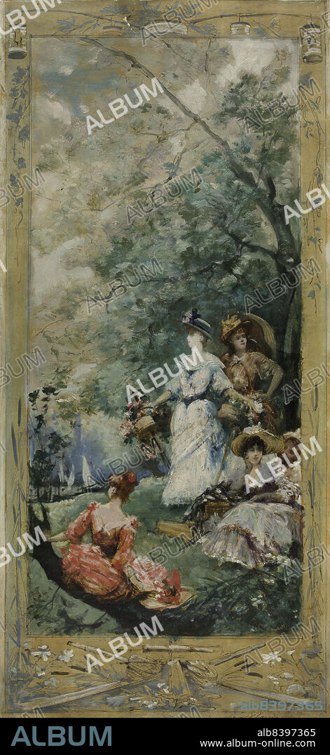 GEORGES JULES VICTOR CLAIRIN. Esquisse pour la galerie Lobau de l'Hôtel de Ville de Paris : Fête champêtre aux environs de Paris, c.1891. Garden party. Men and women relaxing by a river.