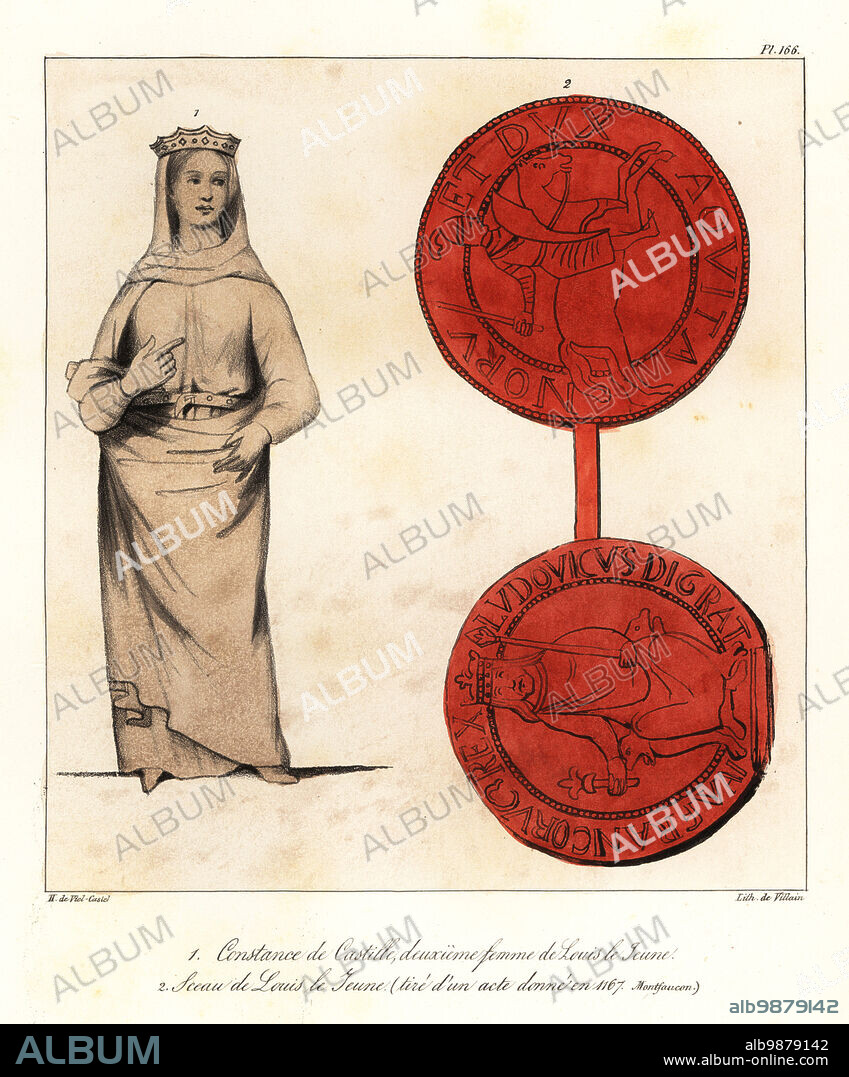 Constance of Castile (1136-1160), Queen of France to King Louis VII, from her tomb effigy in the basilica of Saint-Denis, Paris. Seal of King Louis VII from a 1167 document. Constance de Castille, deuxieme femme de Louis le Jeune. Sceau de Louis le Jeune, tire dun acte donne en 1167, Montfaucon. Handcoloured lithograph by Villain after an illustration by Horace de Viel-Castel from his Collection des costumes, armes et meubles pour servir à l'histoire de la France (Collection of costumes, weapons and furniture to be used in the history of France), Treuttel & Wurtz, Bossange, 1829.
