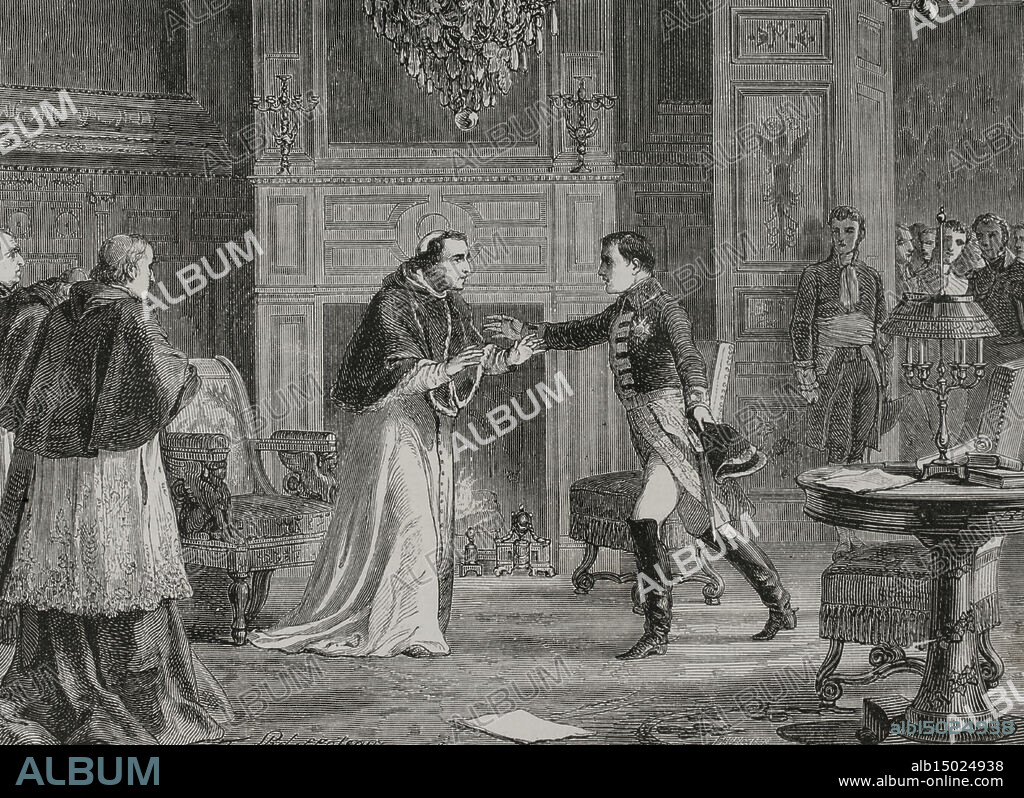 Napoleón visitando al papa Pio VII (1742-1823) en Fontainebleau. Pio VII se trasladó a París para coronar a Napoleón Bonaparte como emperador de Francia, por decreto de las autoridades constituidas. El papa llegó a Fontainebleau el 25 de octubre de 1804, donde Napoleón lo recibió. Grabado por Philippoteaux. "Histoire du Consulat et de l'Empire" (Historia del Consulado y del Imperio), por A. Thiers. Tomo IV. Publicado en Barcelona, 1879.