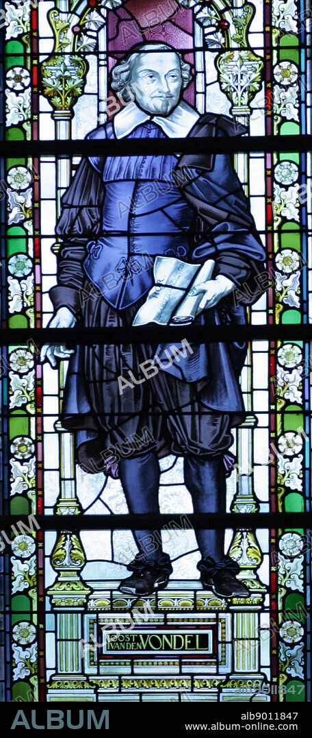 Joost van den Vondel 1587 1679) Dutch writer and playwright. considered the most prominent Dutch poet and playwright of the 17th century. depicted in a stained glass window at the Rijks Museum in Amsterdam, Holland.